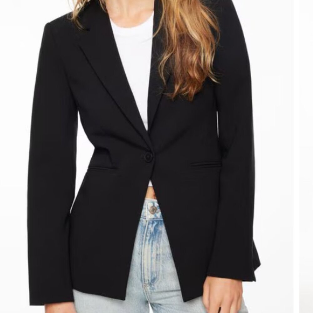 Judith and Charles Black Wool One Button Blazer With Grey Lapels - Size 2